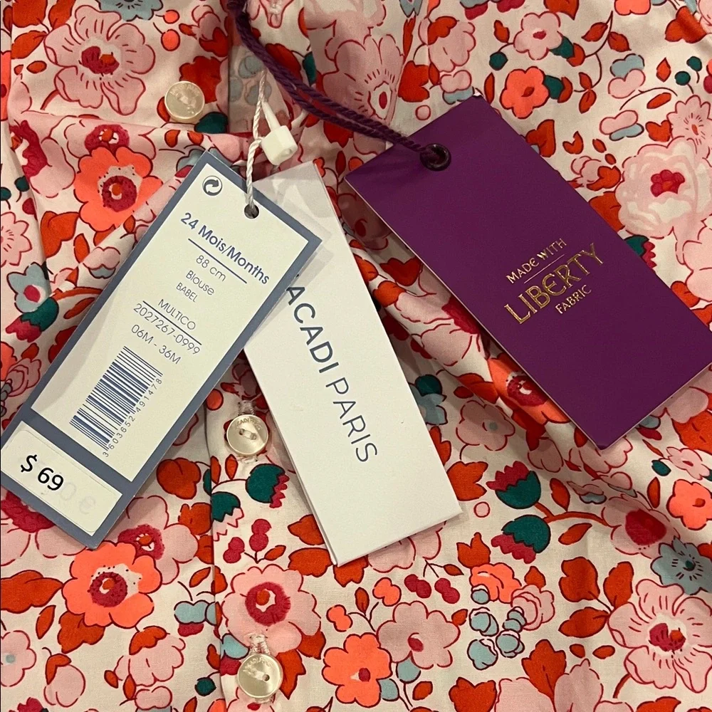 NWT Jacadi Paris Baby Girl floral blouse 100% cotton 24 months Spring Summer - Picture 2 of 4